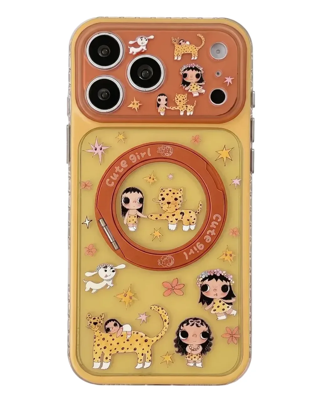Cute Girl Leopard Charm Clear Phone Case with Beaded Strap for iPhone 17 16 15 Pro Max