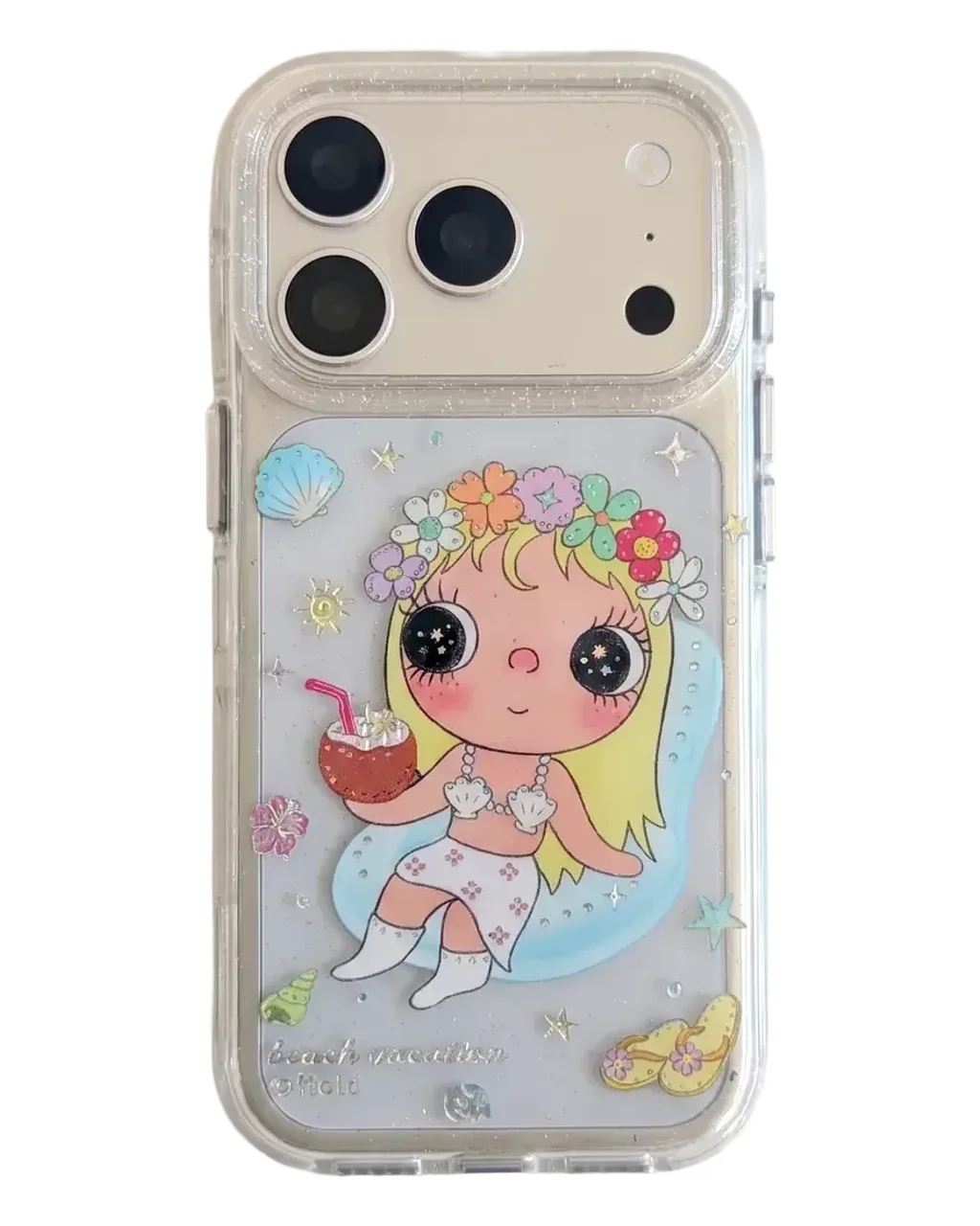 Cute transparent flower girl phone case with beaded charm strap for iPhone 17 16 15 Pro Max