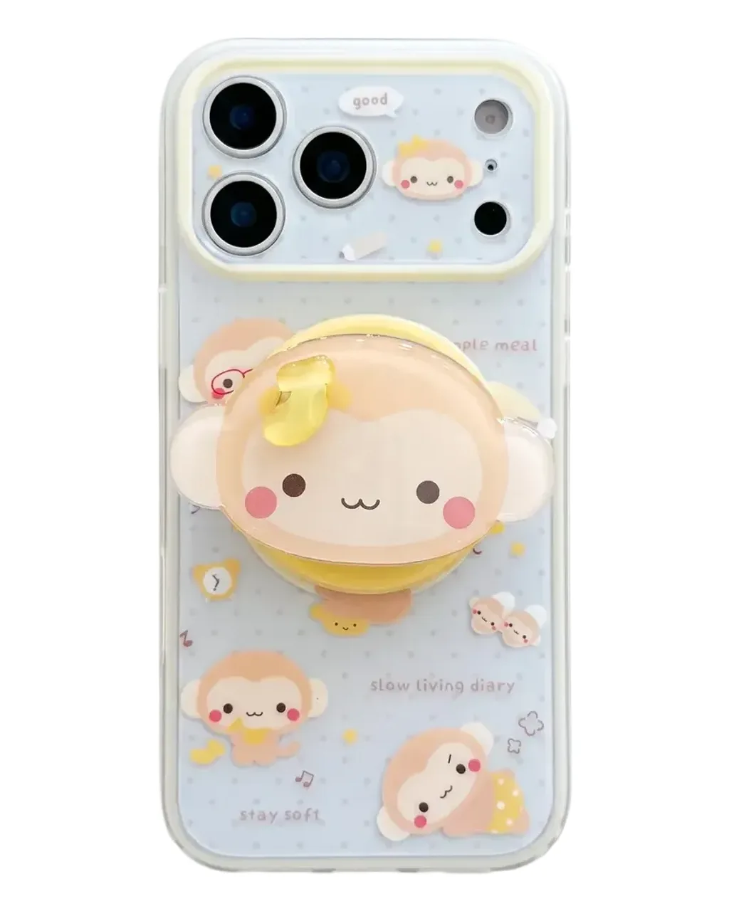Cute monkey phone case with 3D grip charm and beaded strap for iPhone 17 16 15 Pro Max