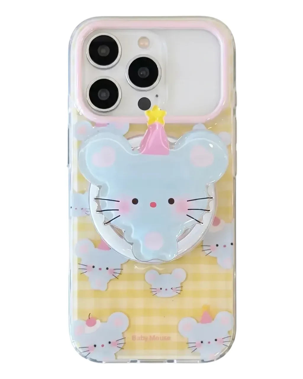 Cute Baby Mouse Clear Phone Case with Pastel Gingham and Beaded Charm for iPhone 17 16 15 Pro Max — MagSafe