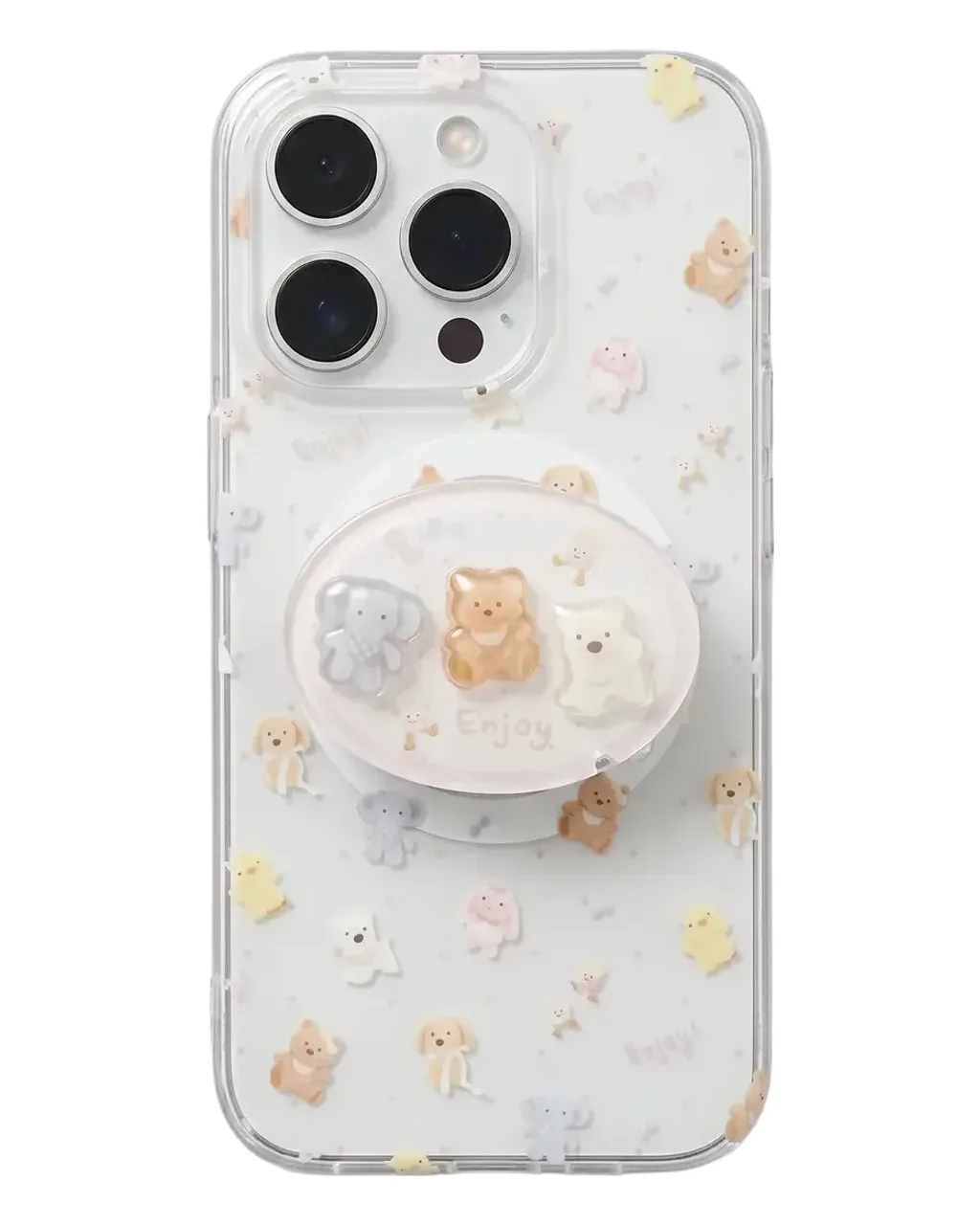 Cute pastel bear phone case with beaded charm strap and ring stand for iPhone 17 16 15 Pro Max — MagSafe
