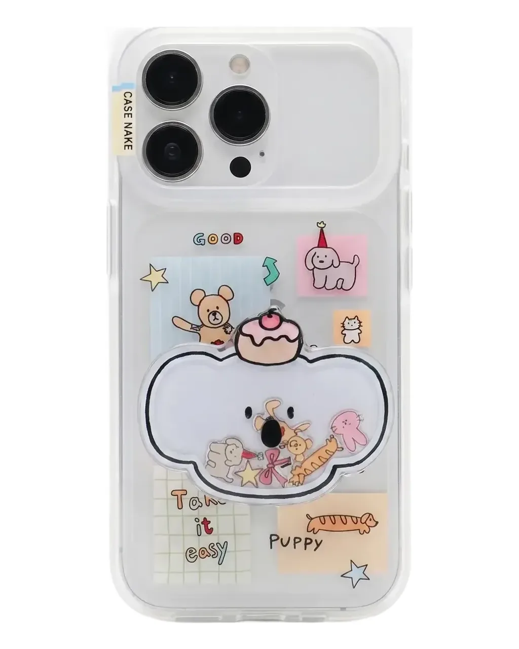Cute clear bear phone case with beaded charm strap and playful sticker style for iPhone 17 16 15 Pro Max