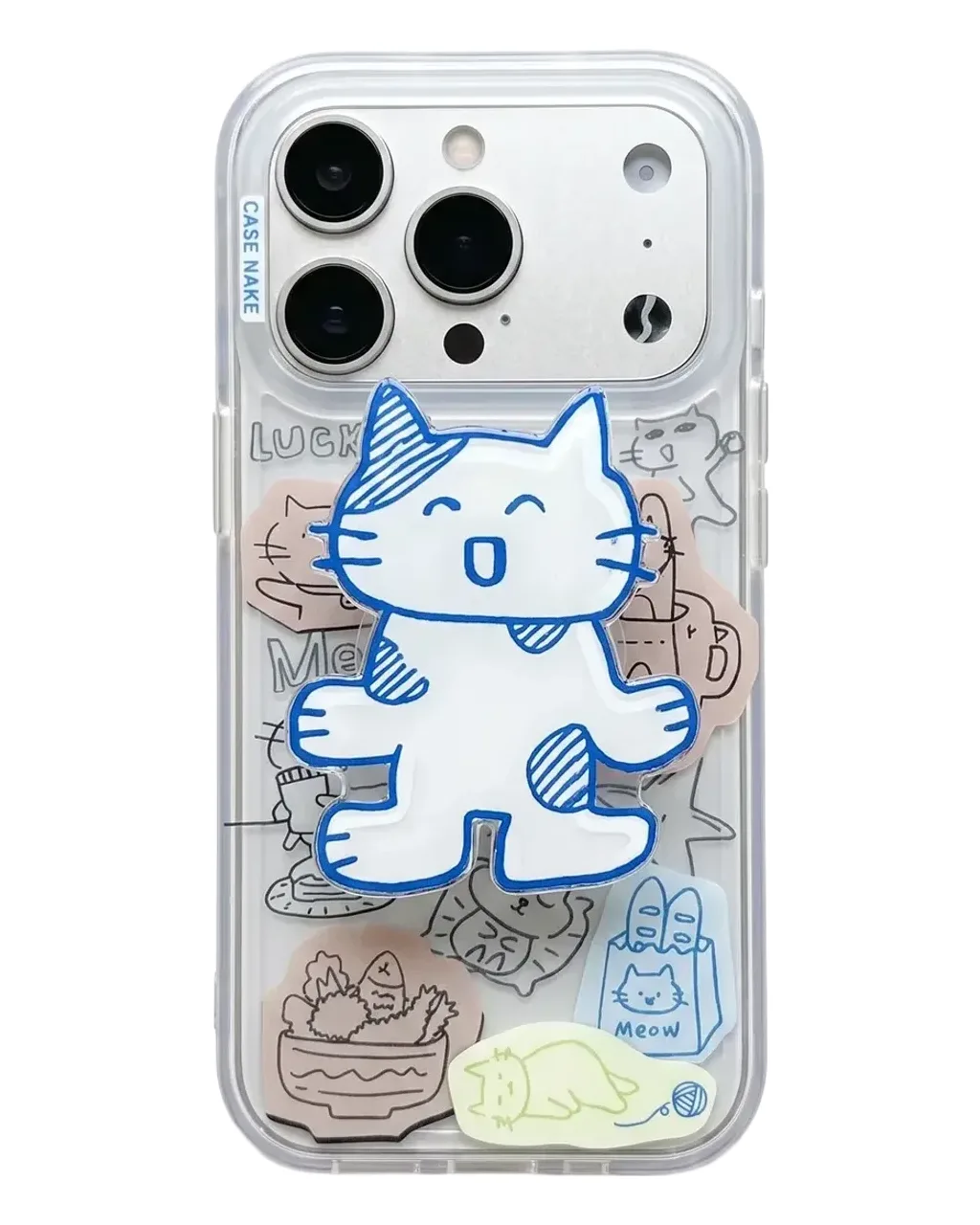 Clear Cute Cat Phone Case with Blue Cartoon Charm for iPhone 17 16 15 Pro Max