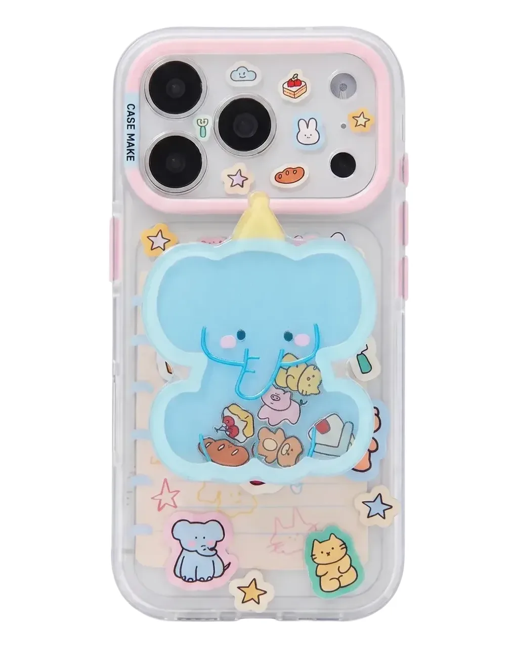 Clear pastel phone case with blue elephant charm and beaded wrist strap for iPhone 17 16 15 Pro Max