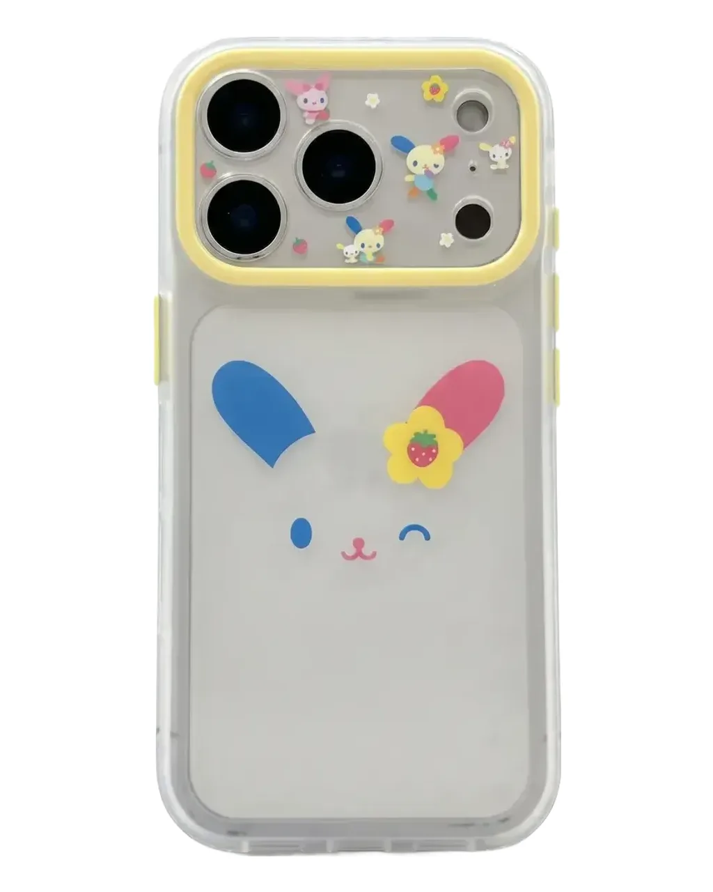 Kawaii bunny clear phone case with floral charm details for iPhone 17 16 15 Pro Max