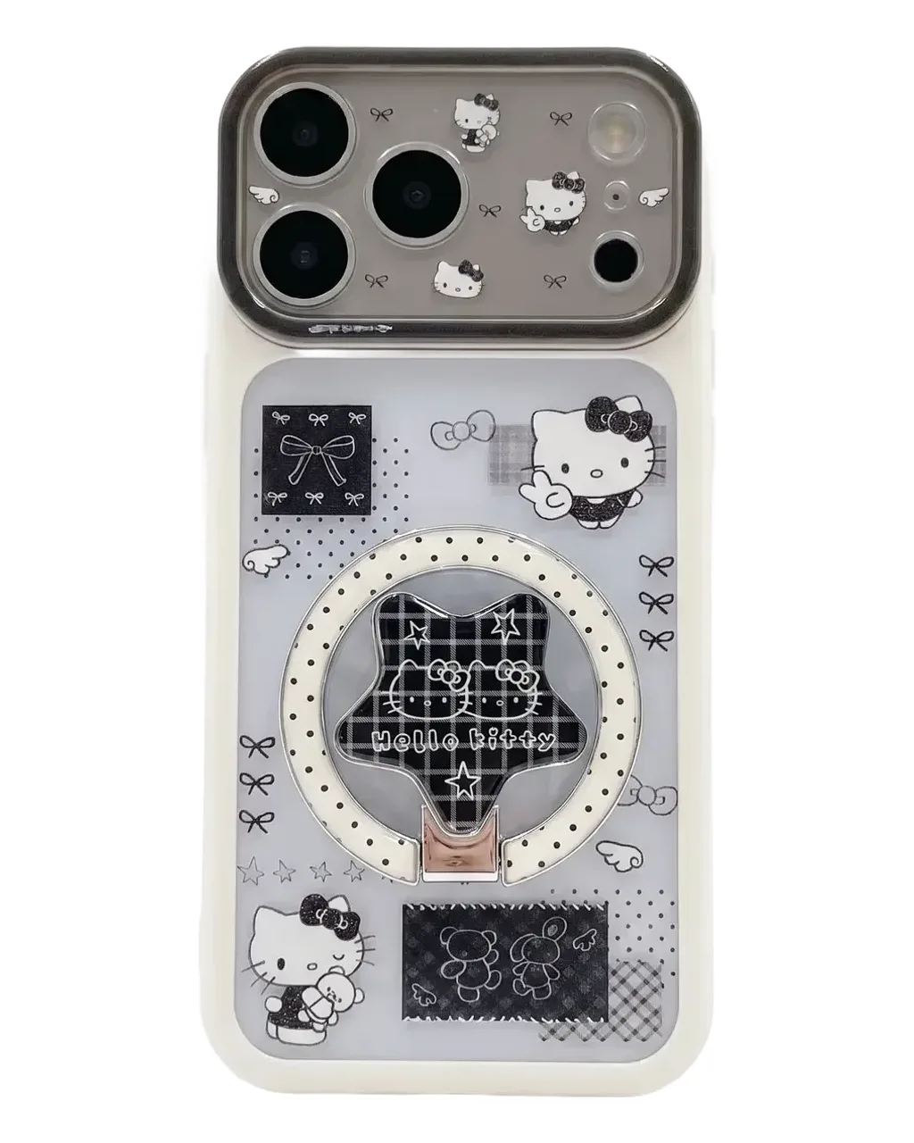 Hello Kitty Clear White with Black Bow Motif Phone Case for iPhone 17 16 15 Pro Max