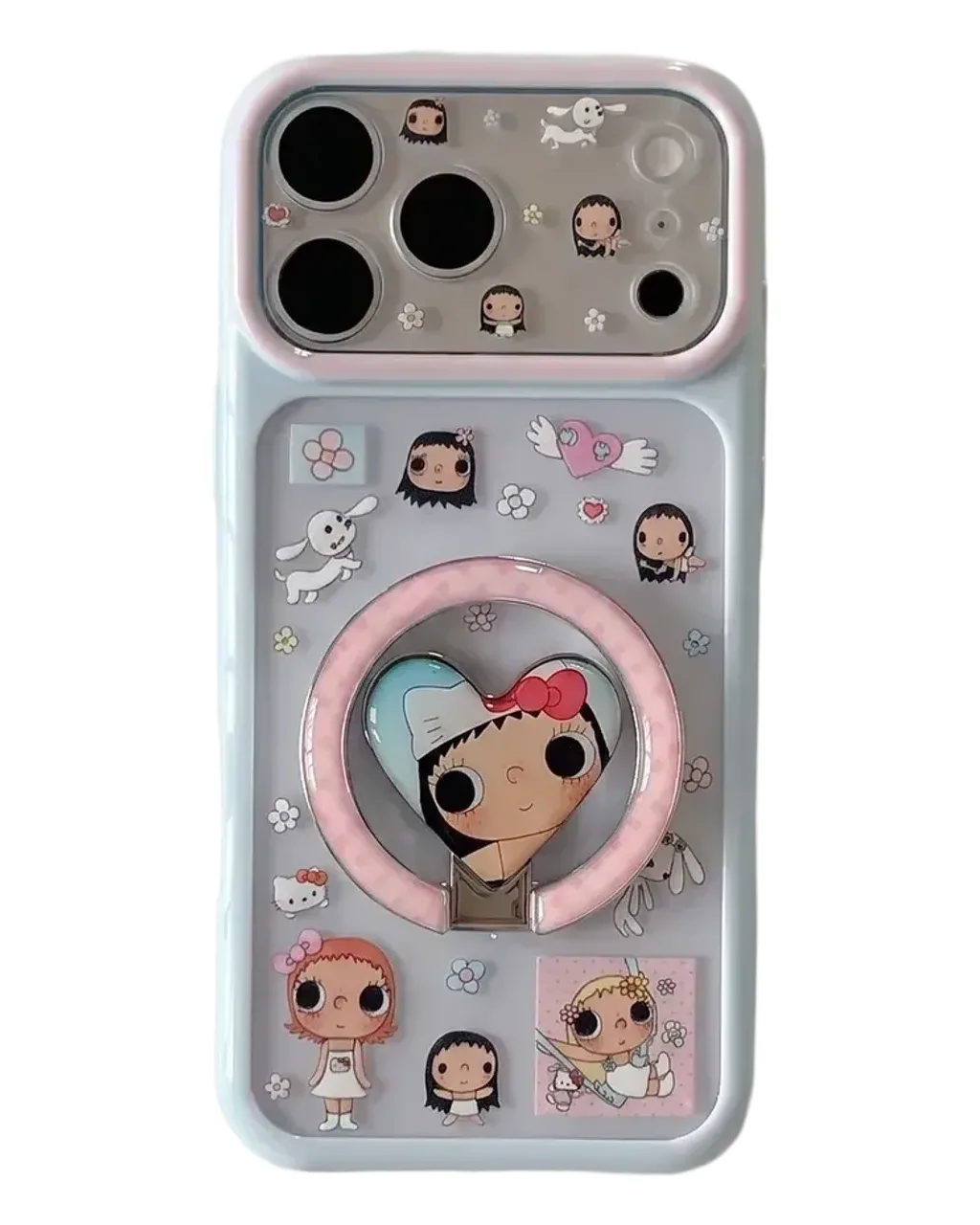 Cute pastel character phone case with ring stand and charm strap for iPhone 17 16 15 Pro Max