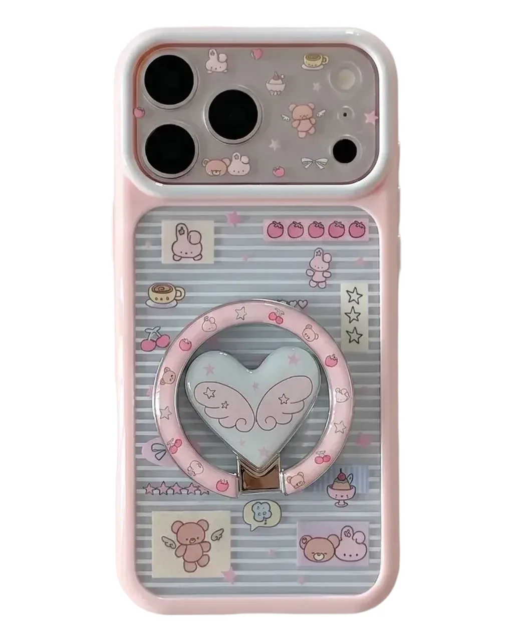 Pastel Kawaii Heart Wing Phone Case with Matching Ring Grip and Strap for iPhone 17 16 15 Pro Max