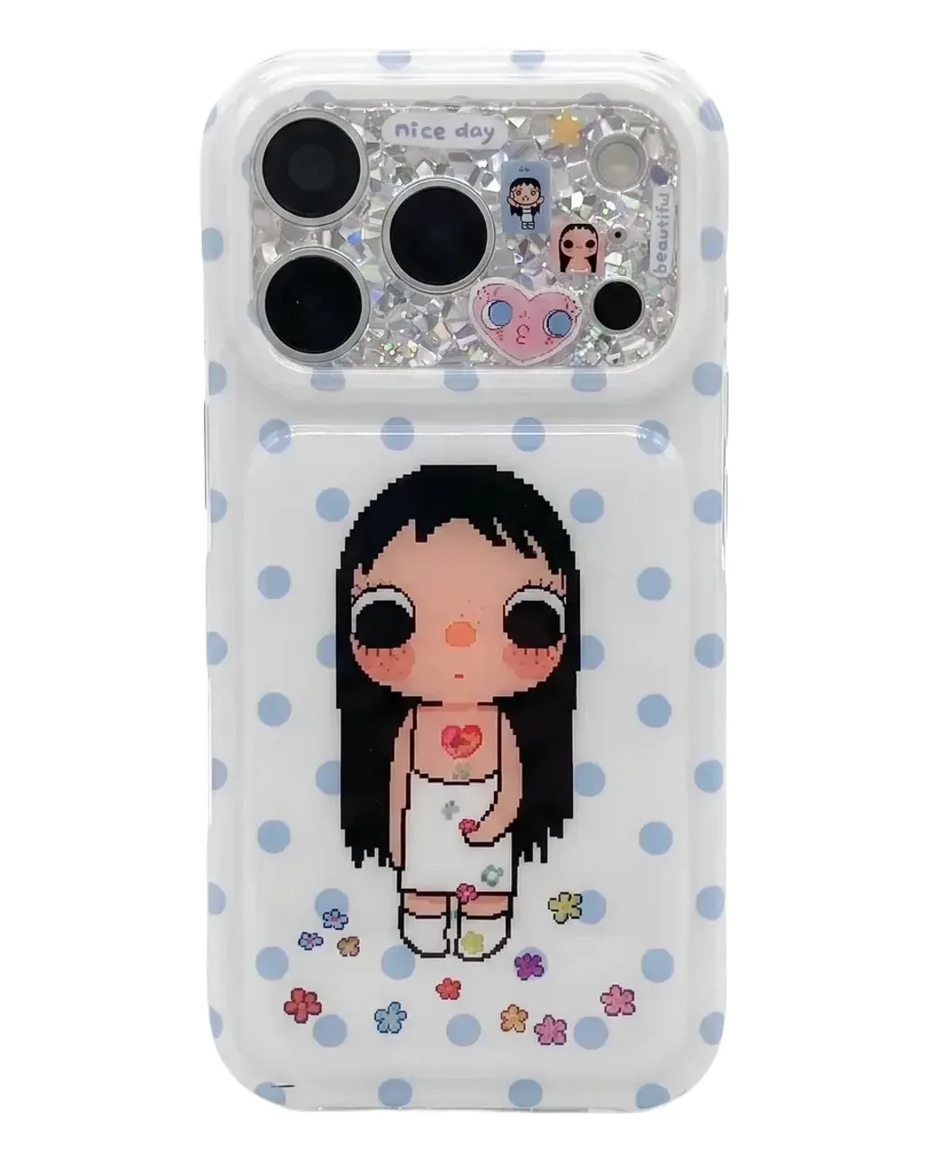 Kawaii pixel girl clear phone case with pastel polka dots and charm for iPhone 17 16 15 Pro Max