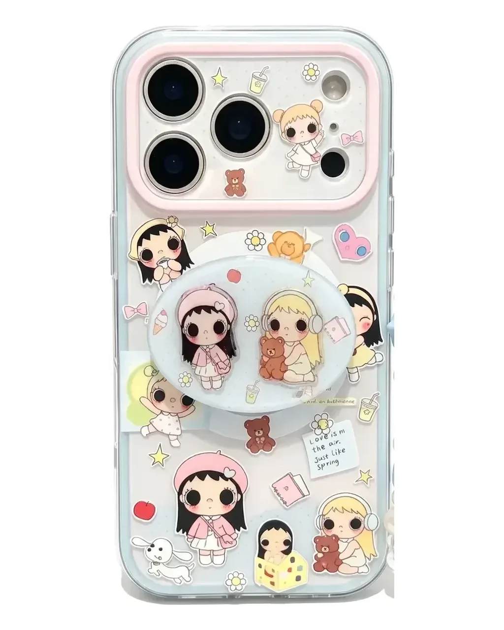 Cute pastel cartoon phone case with beaded charm strap for iPhone 17 16 15 Pro Max