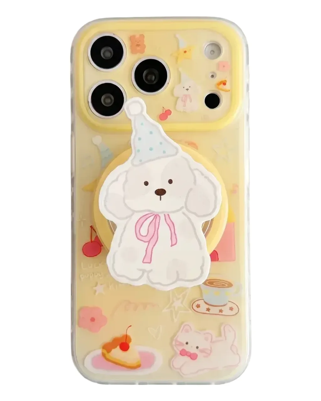 Cute Puppy Clear Phone Case with Beaded Charm and Party Pup Graphic for iPhone 17 16 15 Pro Max — MagSafe