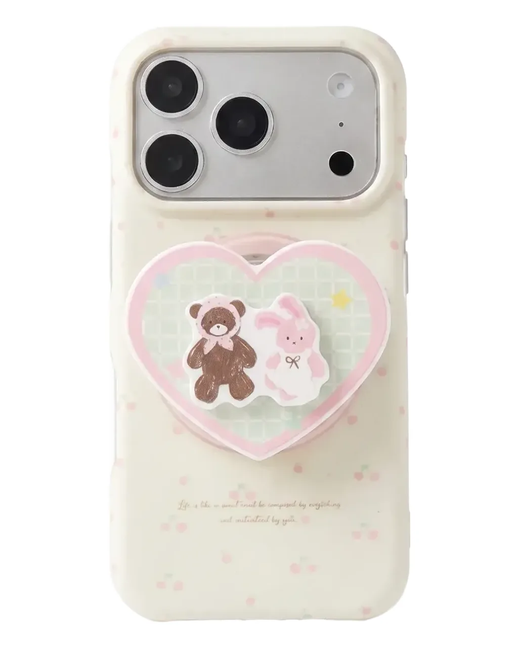 Cute pastel heart phone case with beaded strap and character charm for iPhone 17 16 15 Pro Max