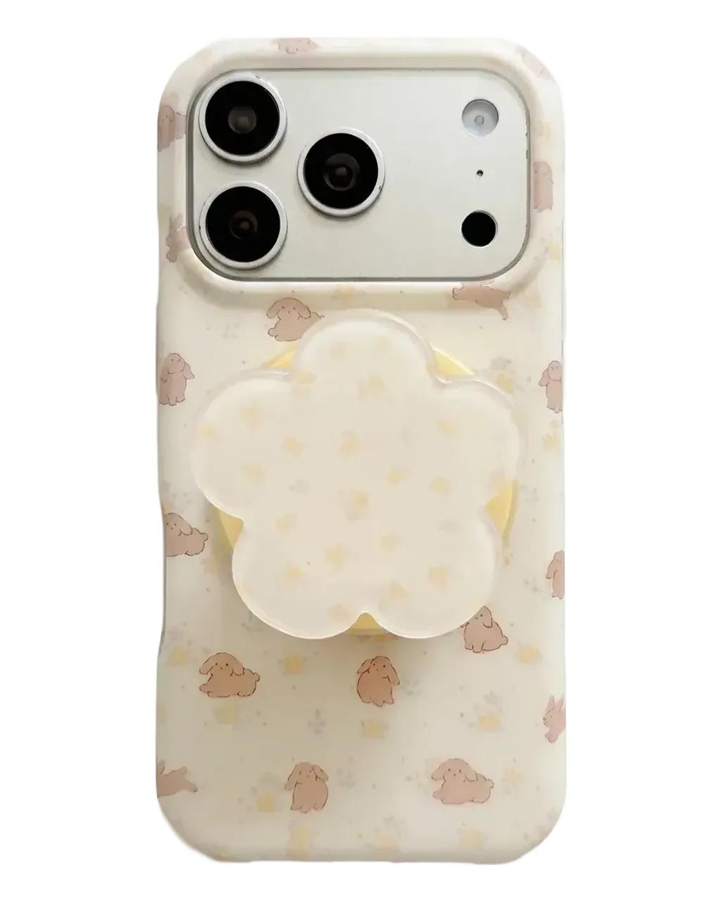 Cute Pastel Bunny Print Phone Case with Flower Grip for iPhone 17 16 15 Pro Max