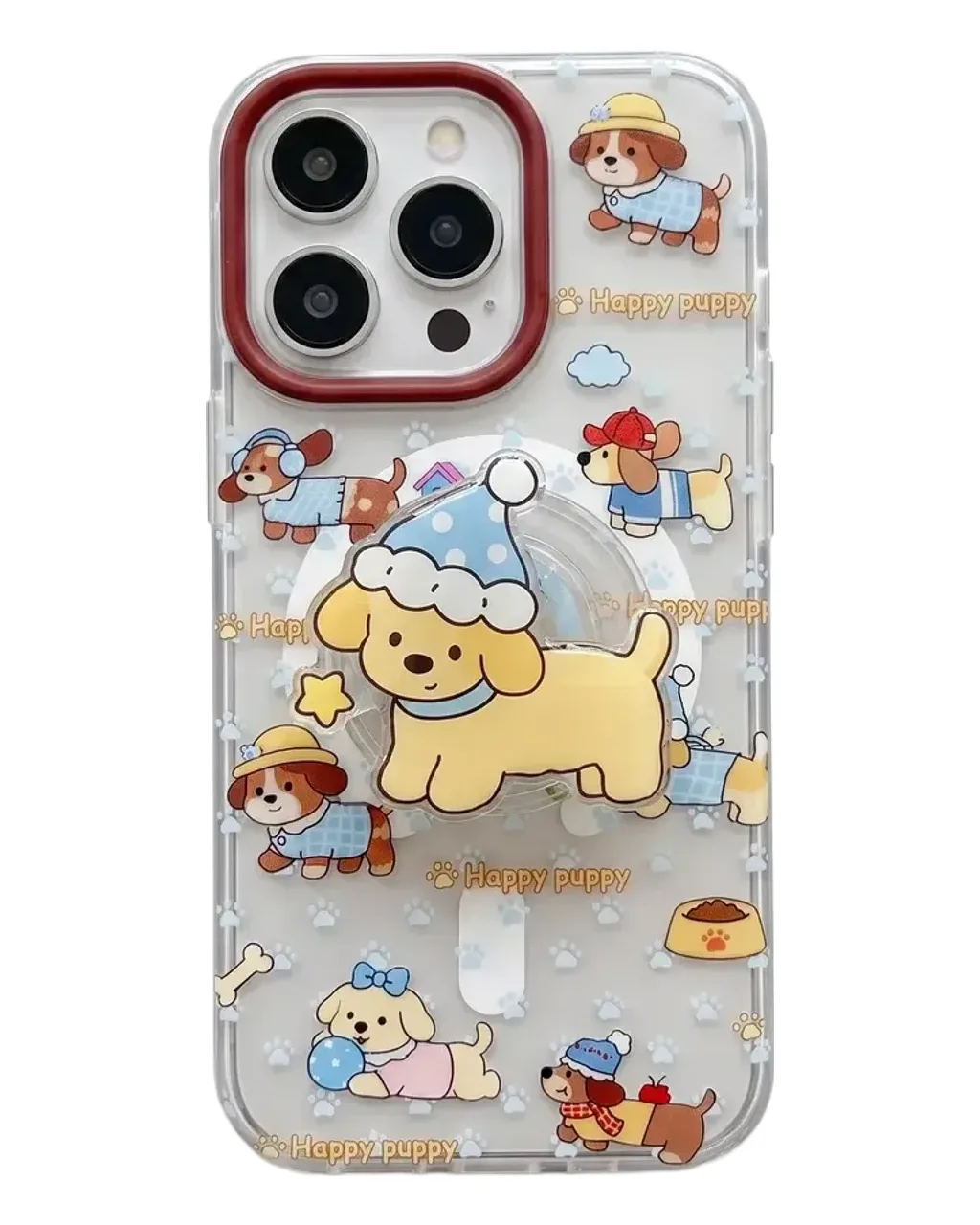 Cute Puppy Clear Phone Case with Brown Camera Frame and Beaded Charm for iPhone 17 16 15 Pro Max — MagSafe