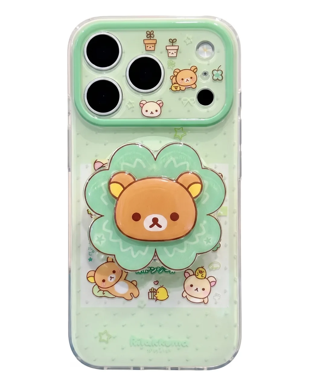 Mint Rilakkuma Clear Phone Case with 3D Flower Grip for iPhone 17 16 15 14 13 Pro Max — MagSafe