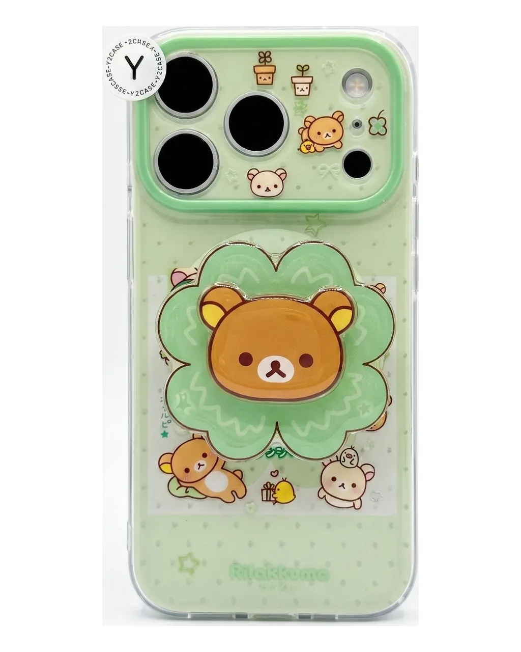 Mint Rilakkuma Clear Phone Case with 3D Flower Grip for iPhone 17 16 15 14 13 Pro Max — MagSafe