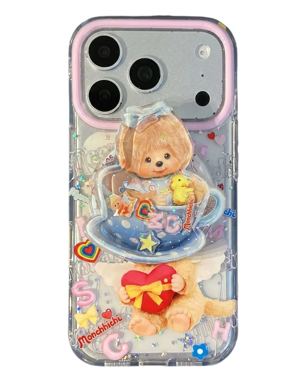 Monchhichi Teacup Pop-Up Phone Case with Beaded Strap for iPhone 17 16 15 14 13 Pro Max