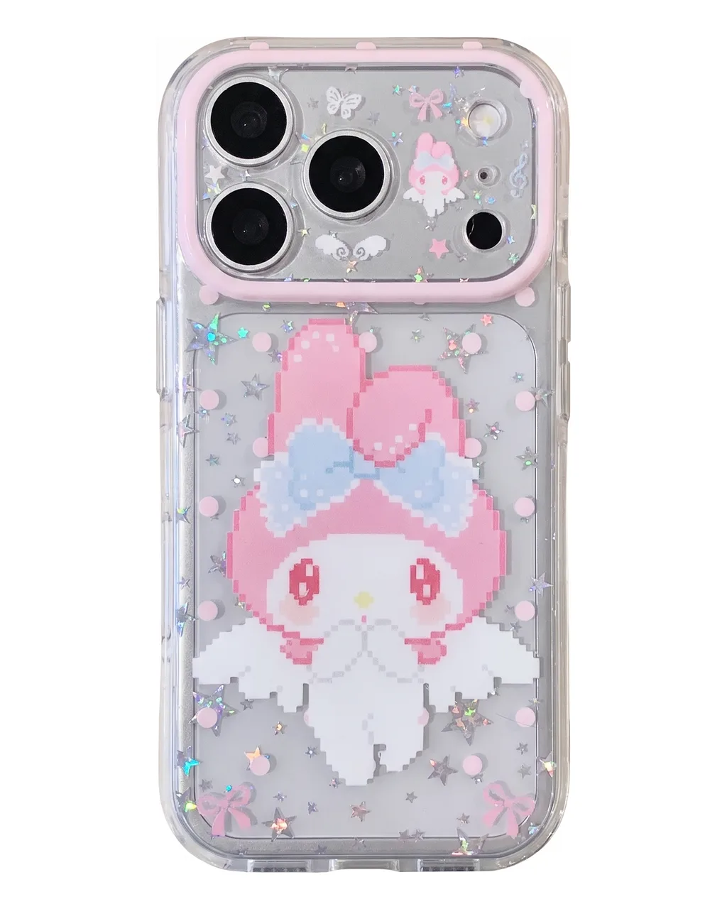 My Melody Clear Glitter Pink Bow with Beaded Strap Phone Case for iPhone 17 16 15 Pro Max