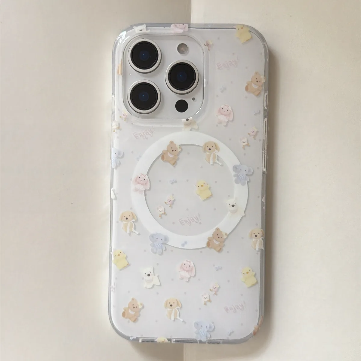 Cute pastel bear phone case with beaded charm strap and ring stand for iPhone 17 16 15 Pro Max — MagSafe