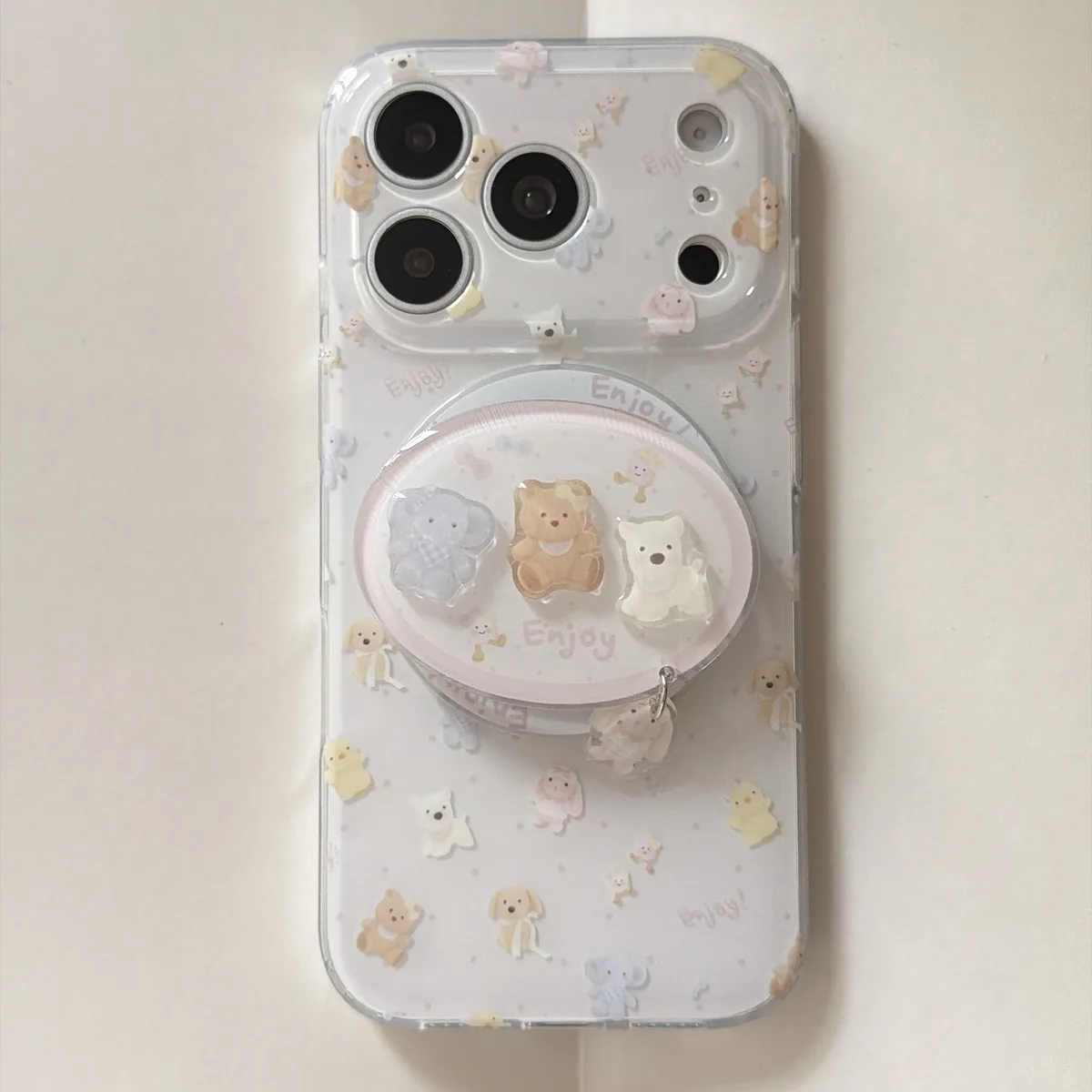 Cute pastel bear phone case with beaded charm strap and ring stand for iPhone 17 16 15 Pro Max — MagSafe