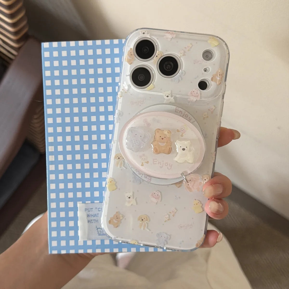 Cute pastel bear phone case with beaded charm strap and ring stand for iPhone 17 16 15 Pro Max — MagSafe