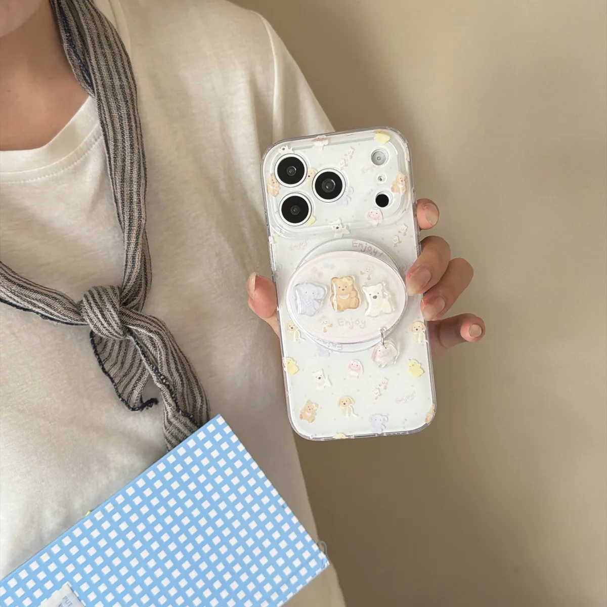 Cute pastel bear phone case with beaded charm strap and ring stand for iPhone 17 16 15 Pro Max — MagSafe