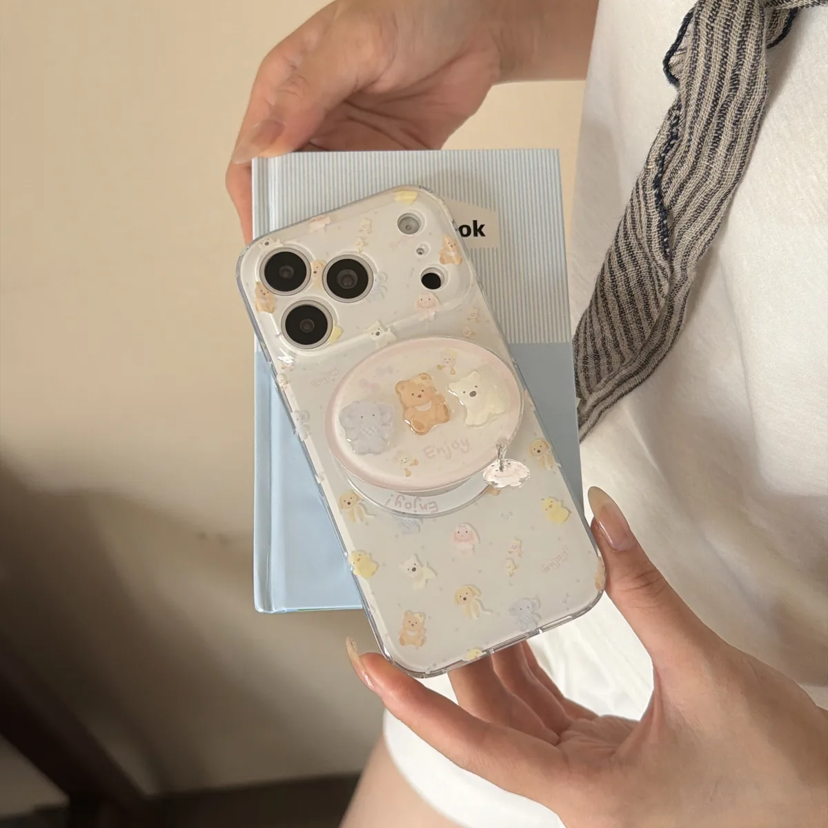 Cute pastel bear phone case with beaded charm strap and ring stand for iPhone 17 16 15 Pro Max — MagSafe