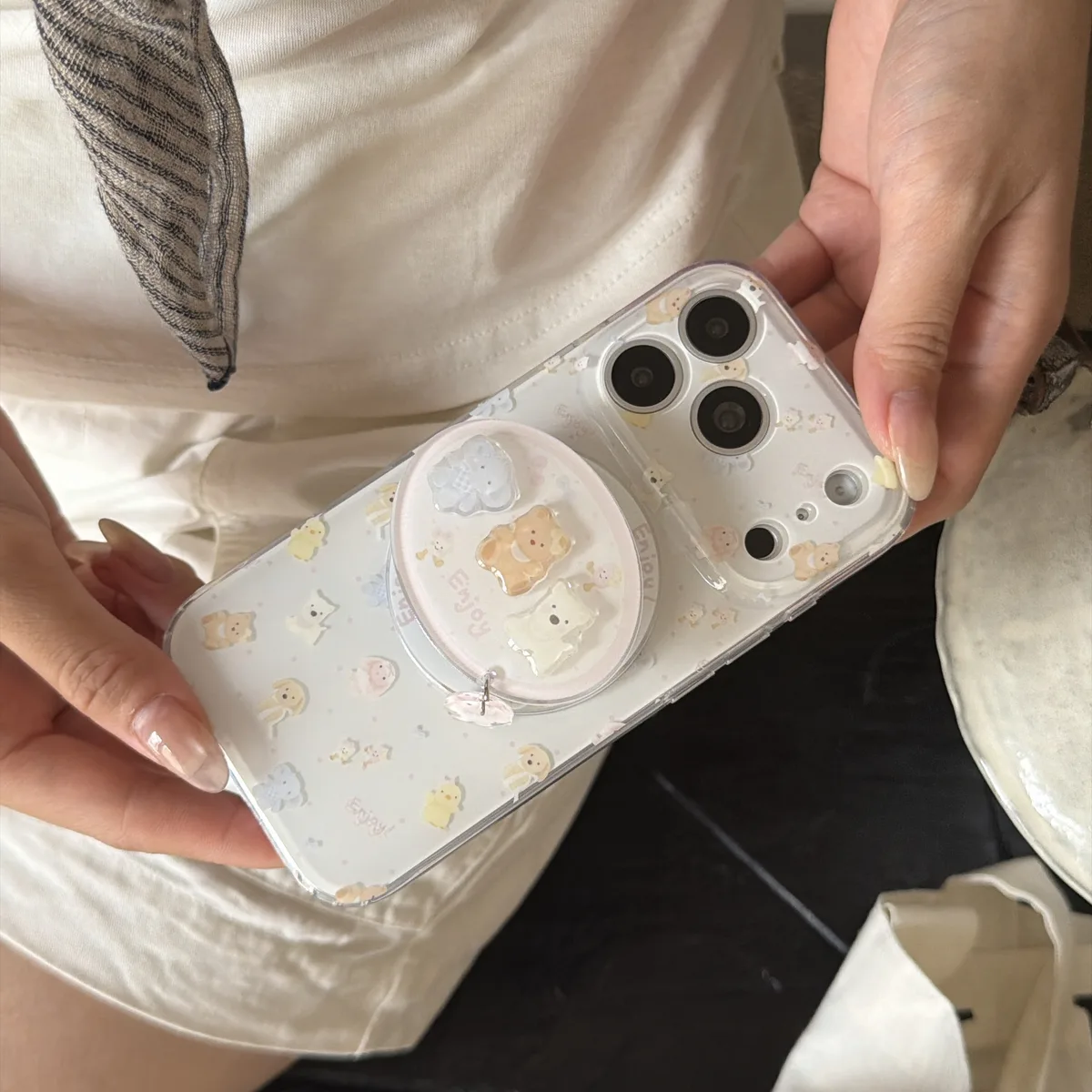 Cute pastel bear phone case with beaded charm strap and ring stand for iPhone 17 16 15 Pro Max — MagSafe