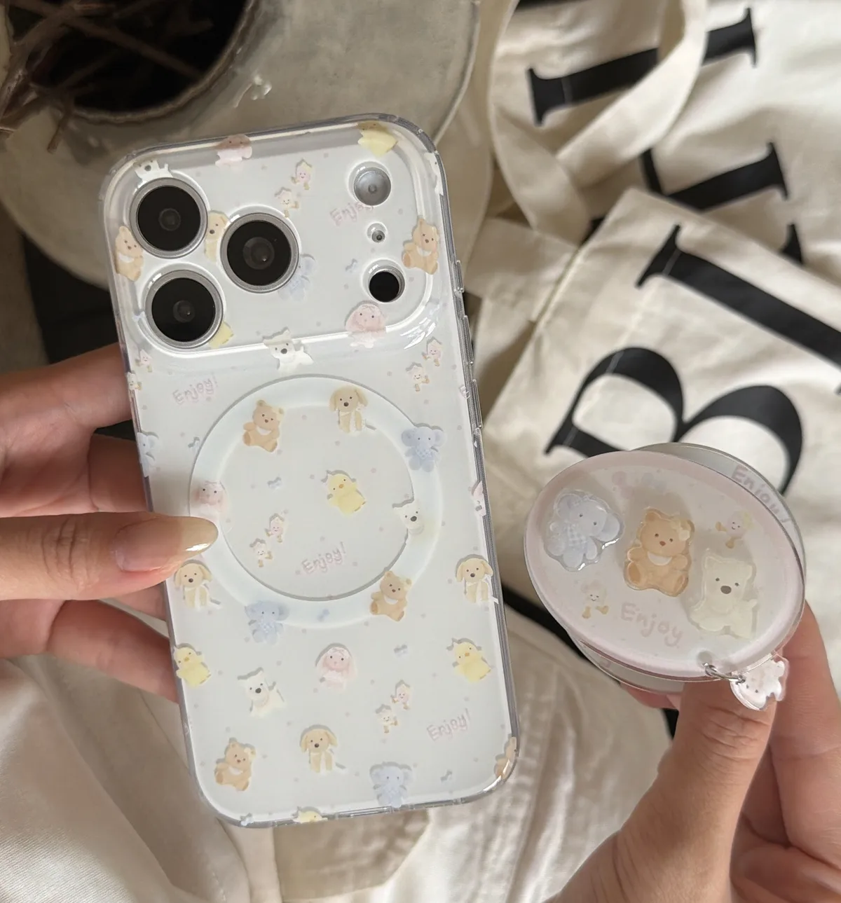 Cute pastel bear phone case with beaded charm strap and ring stand for iPhone 17 16 15 Pro Max — MagSafe