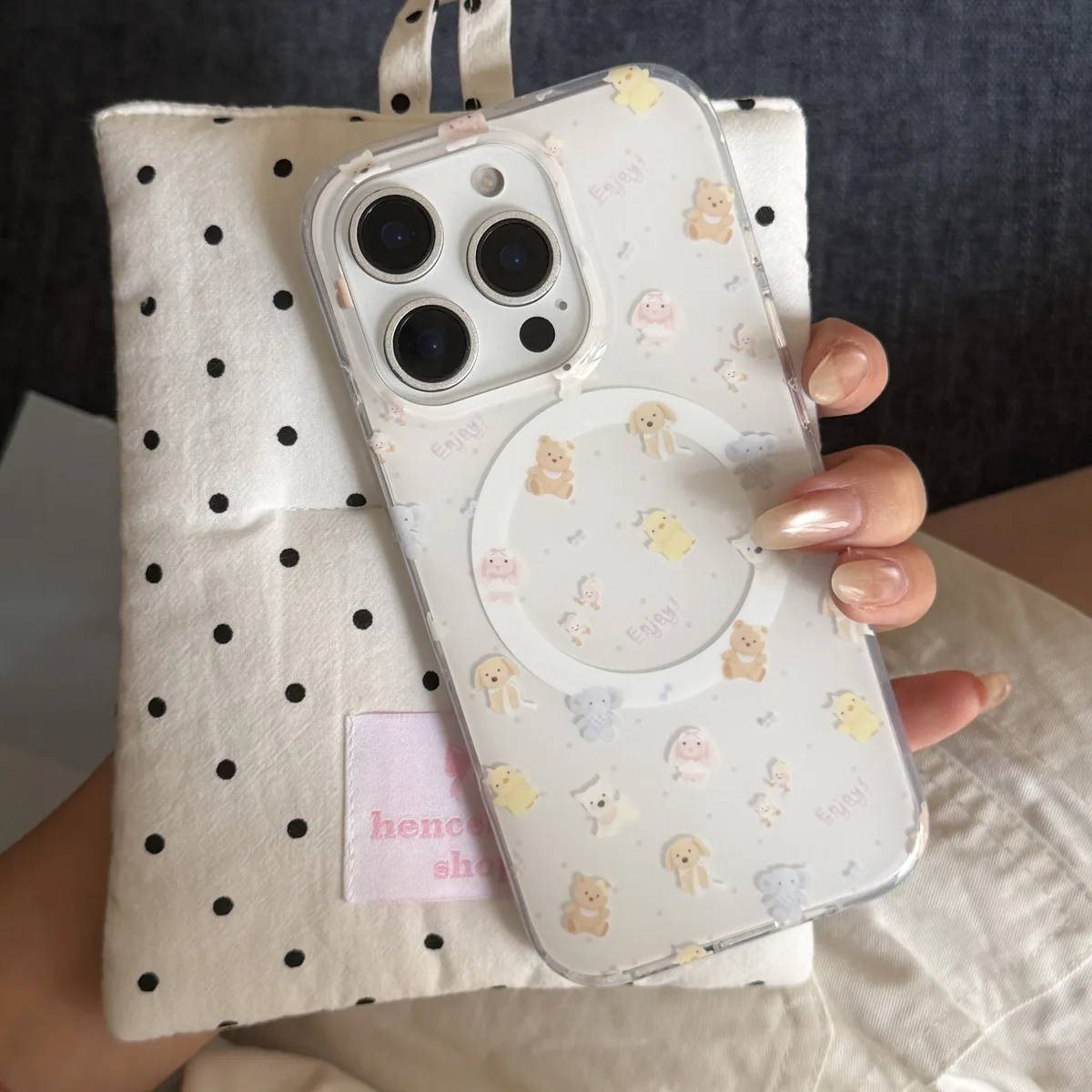 Cute pastel bear phone case with beaded charm strap and ring stand for iPhone 17 16 15 Pro Max — MagSafe
