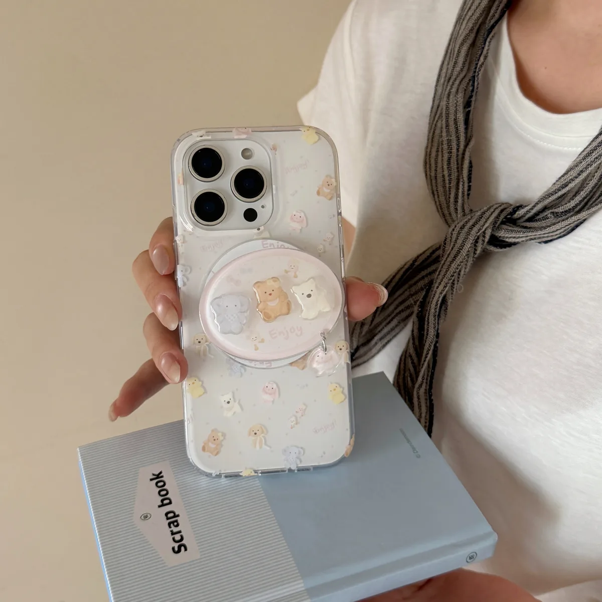 Cute pastel bear phone case with beaded charm strap and ring stand for iPhone 17 16 15 Pro Max — MagSafe