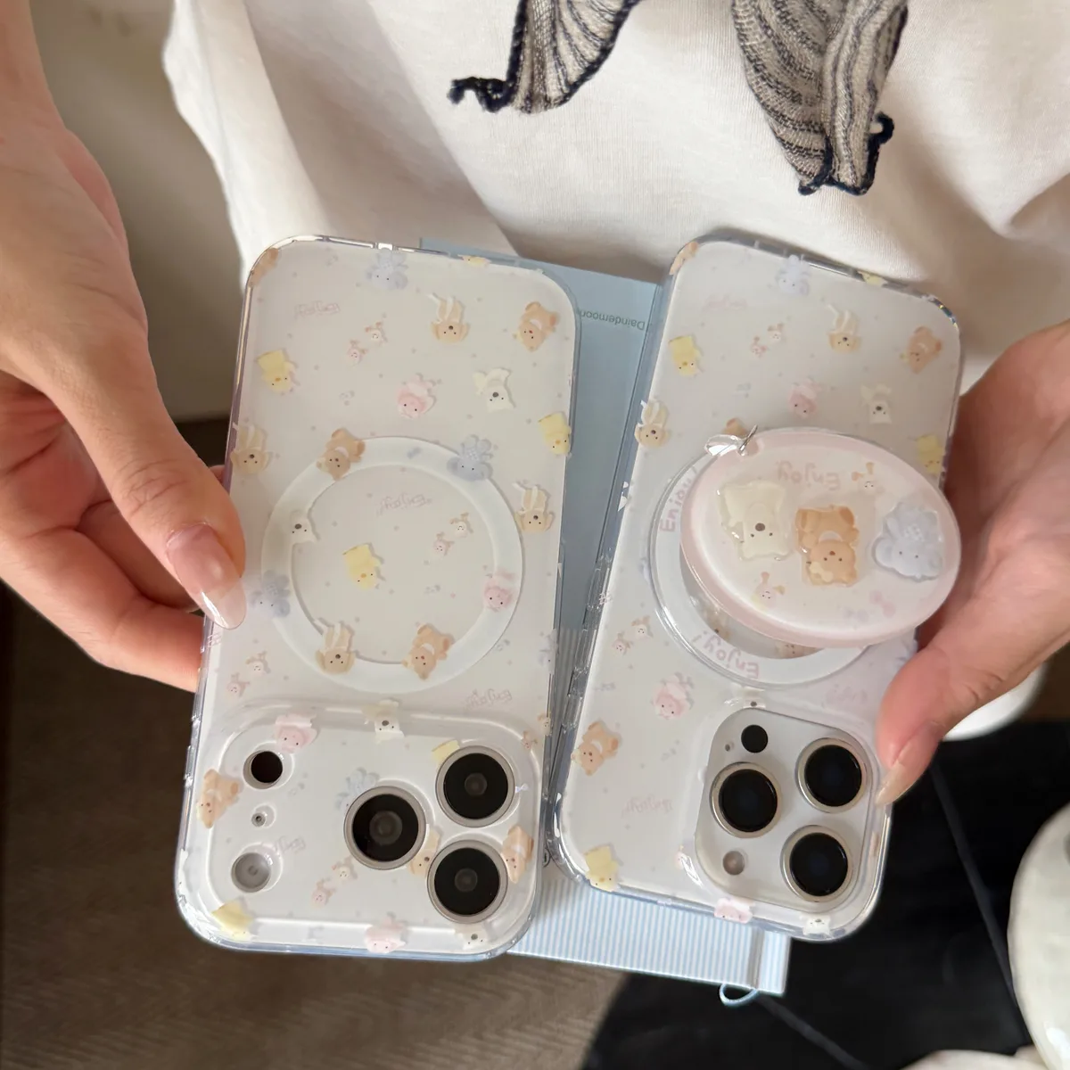 Cute pastel bear phone case with beaded charm strap and ring stand for iPhone 17 16 15 Pro Max — MagSafe