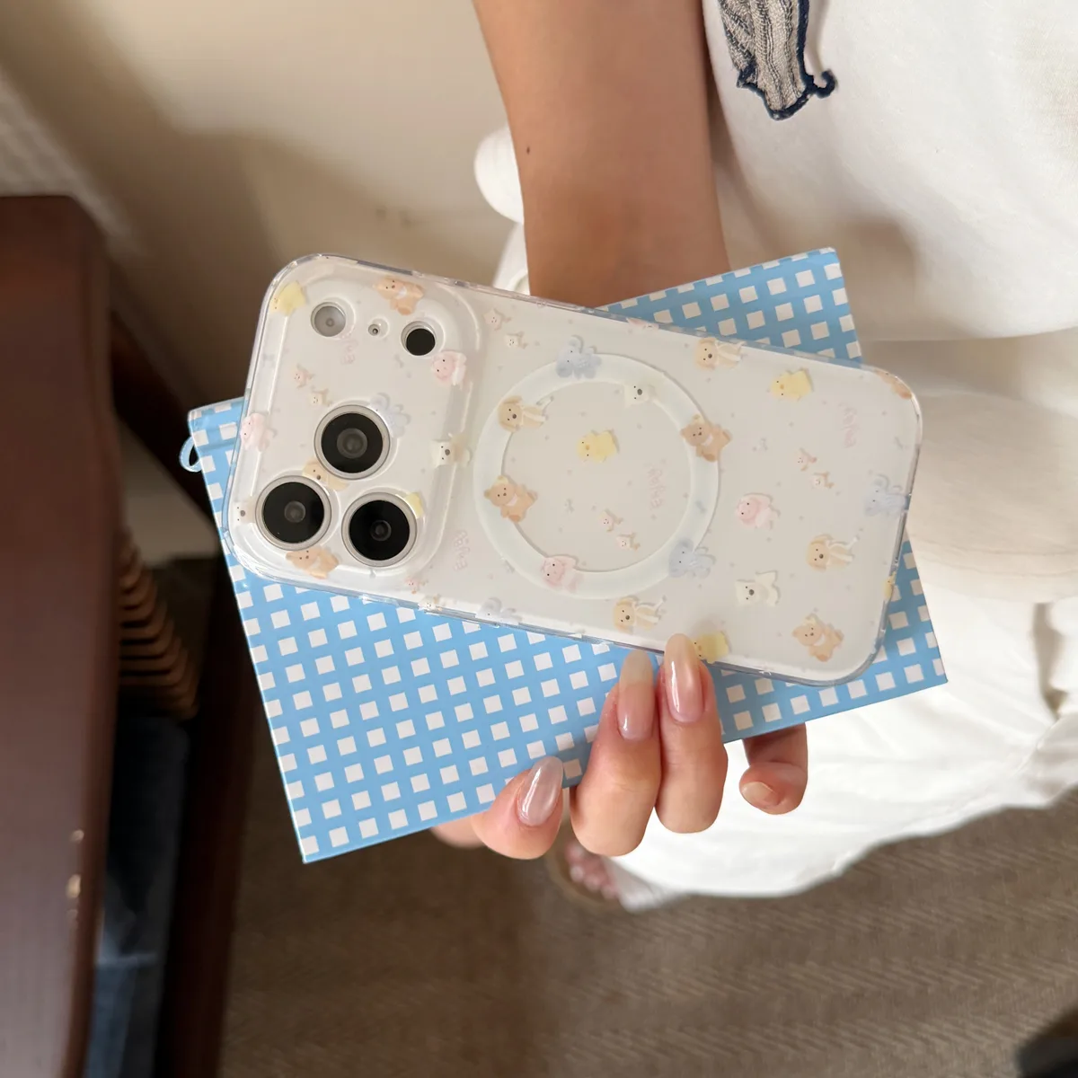 Cute pastel bear phone case with beaded charm strap and ring stand for iPhone 17 16 15 Pro Max — MagSafe