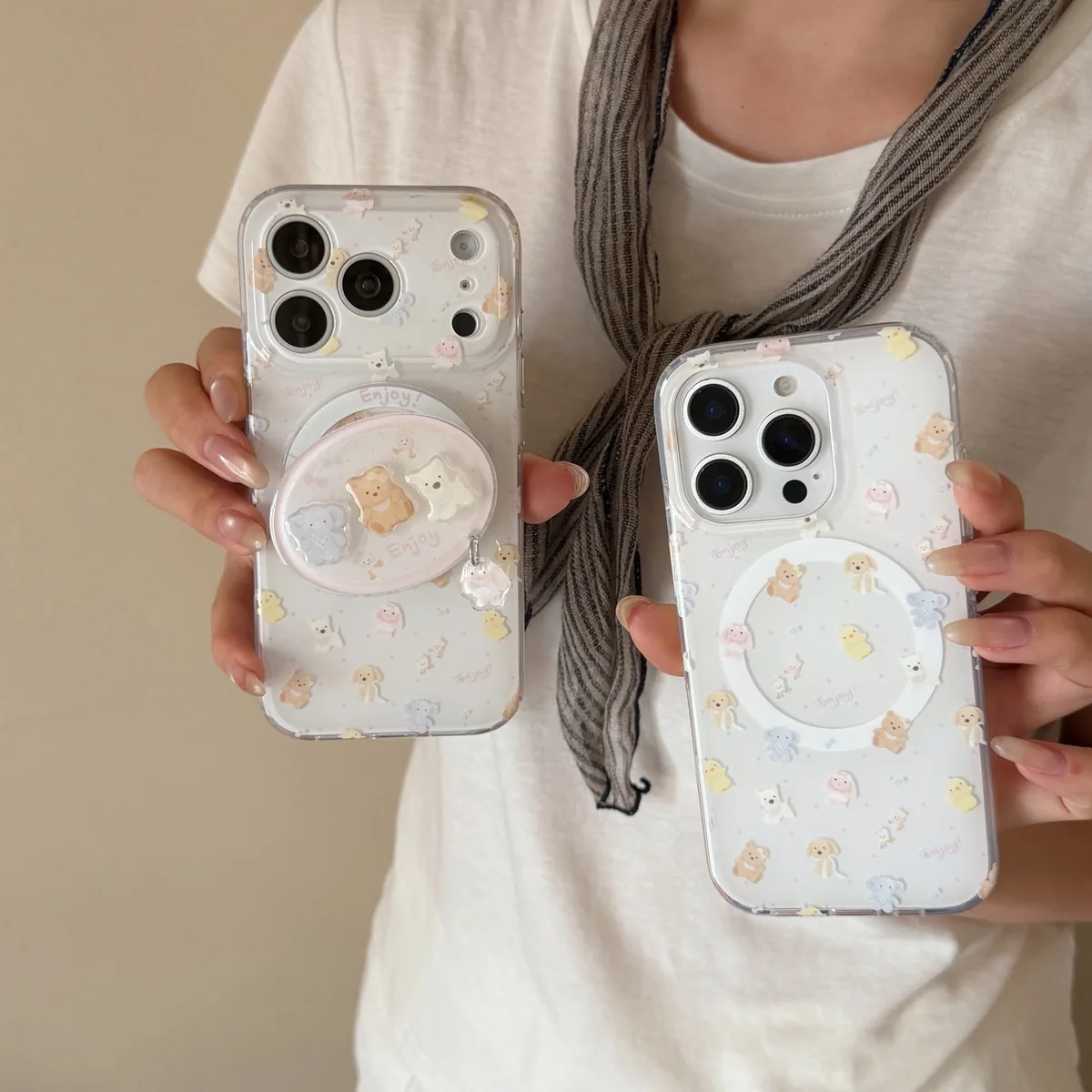 Cute pastel bear phone case with beaded charm strap and ring stand for iPhone 17 16 15 Pro Max — MagSafe