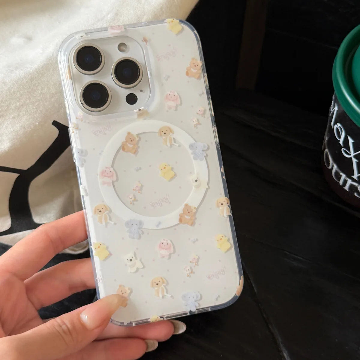 Cute pastel bear phone case with beaded charm strap and ring stand for iPhone 17 16 15 Pro Max — MagSafe