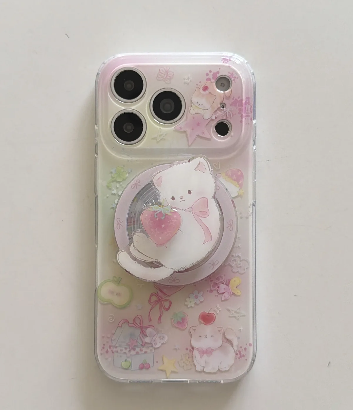 Cute pastel bear clear phone case with bead strap for iPhone 17 16 15 Pro Max — MagSafe