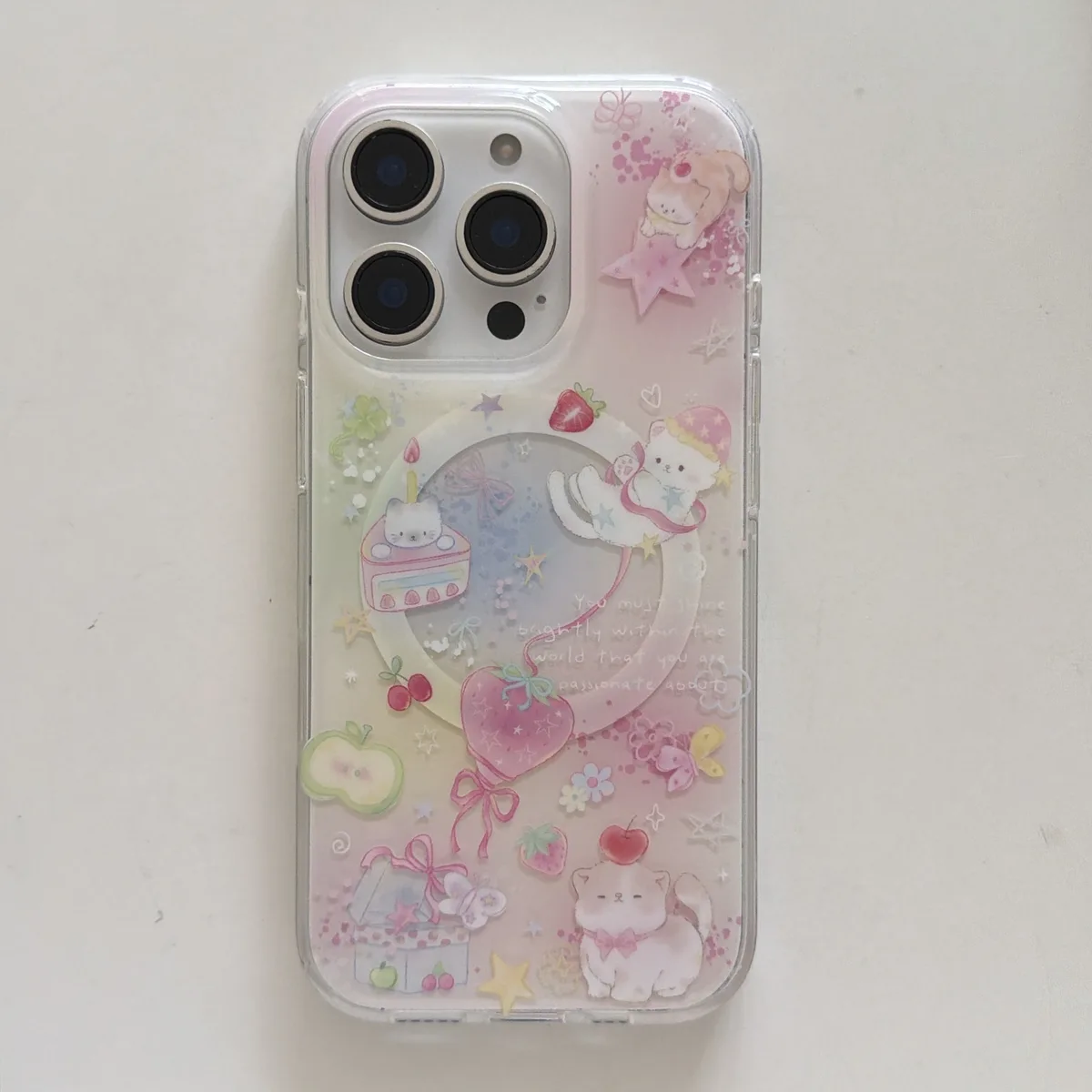 Cute pastel bear clear phone case with bead strap for iPhone 17 16 15 Pro Max — MagSafe
