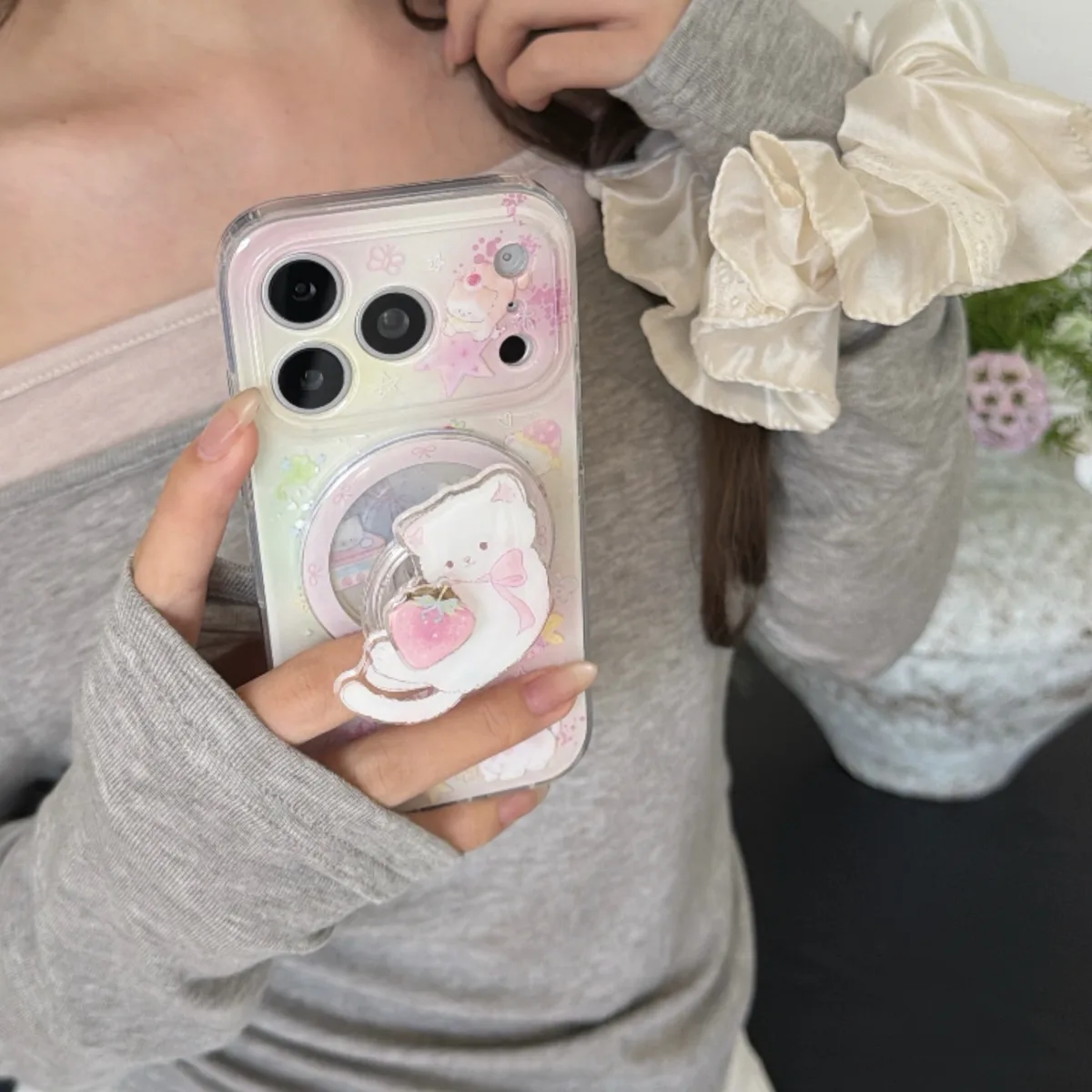 Cute pastel bear clear phone case with bead strap for iPhone 17 16 15 Pro Max — MagSafe