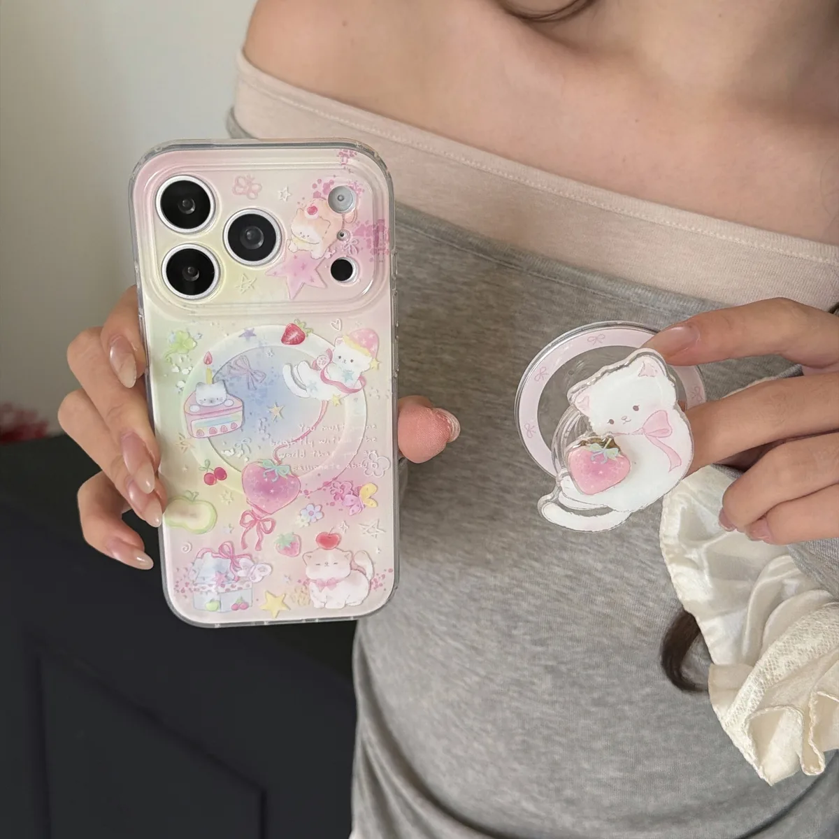 Cute pastel bear clear phone case with bead strap for iPhone 17 16 15 Pro Max — MagSafe