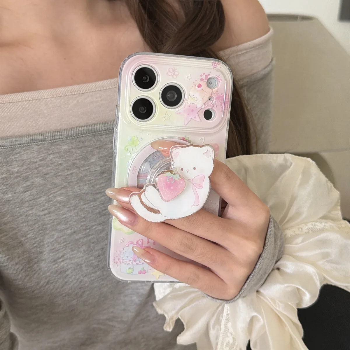 Cute pastel bear clear phone case with bead strap for iPhone 17 16 15 Pro Max — MagSafe