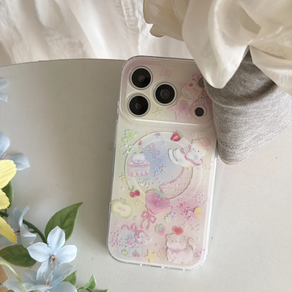 Cute pastel bear clear phone case with bead strap for iPhone 17 16 15 Pro Max — MagSafe