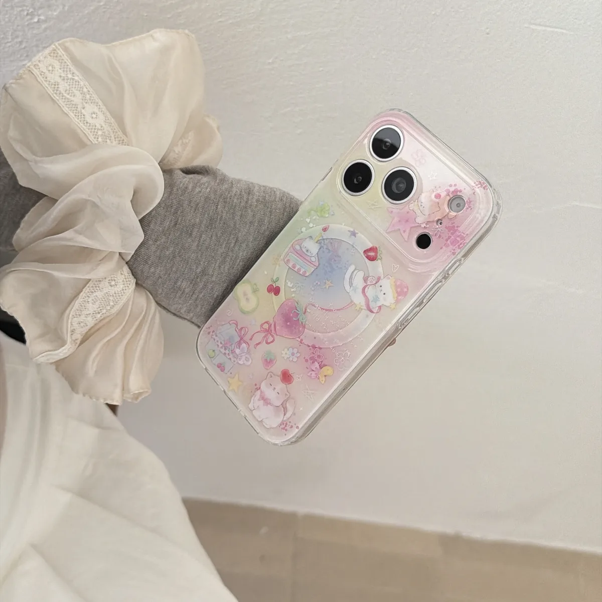 Cute pastel bear clear phone case with bead strap for iPhone 17 16 15 Pro Max — MagSafe