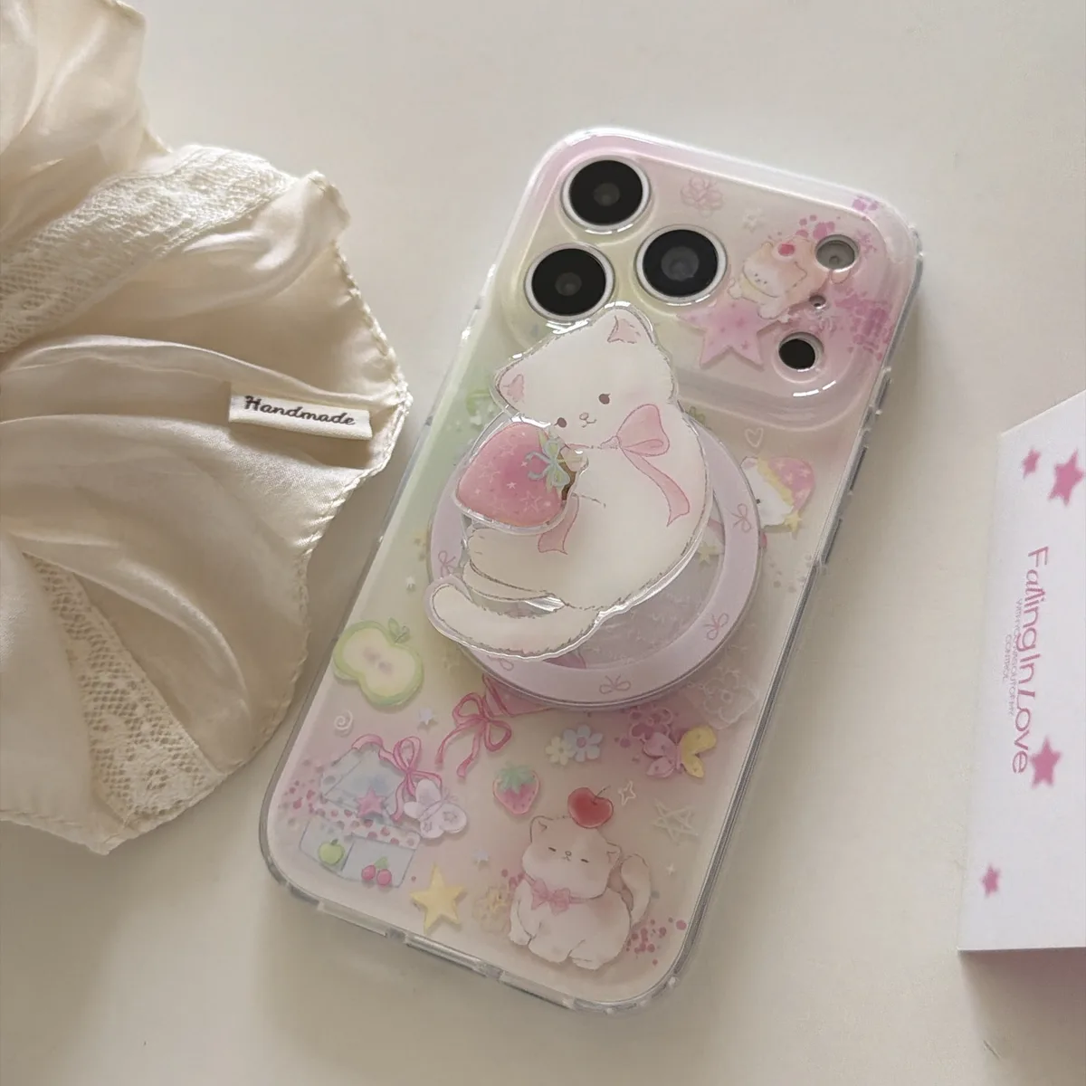 Cute pastel bear clear phone case with bead strap for iPhone 17 16 15 Pro Max — MagSafe
