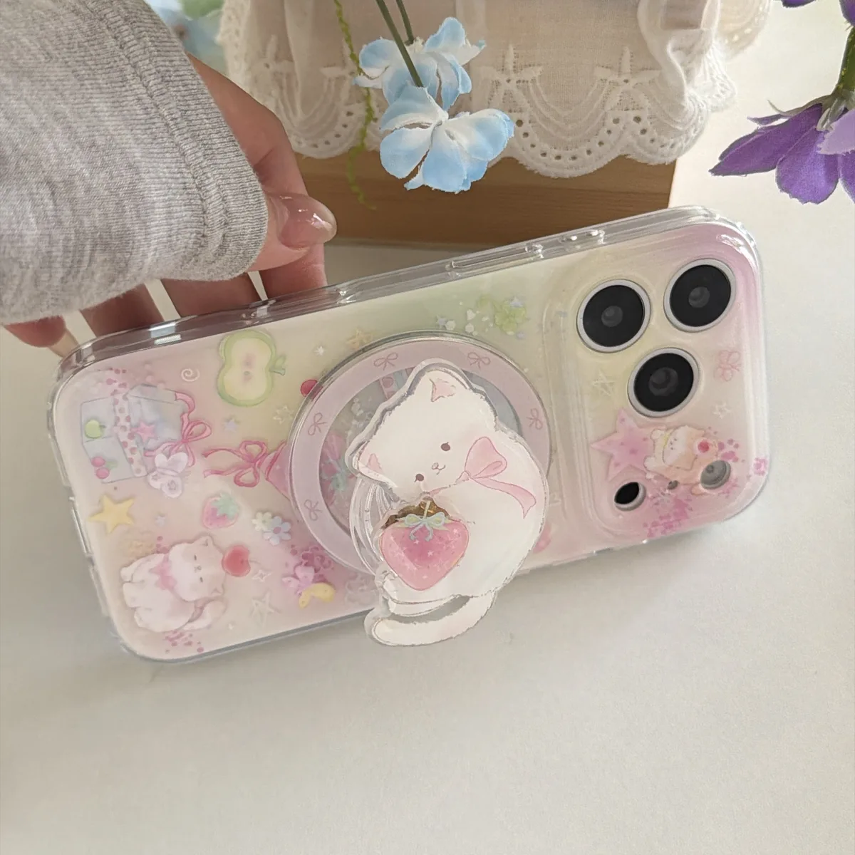Cute pastel bear clear phone case with bead strap for iPhone 17 16 15 Pro Max — MagSafe