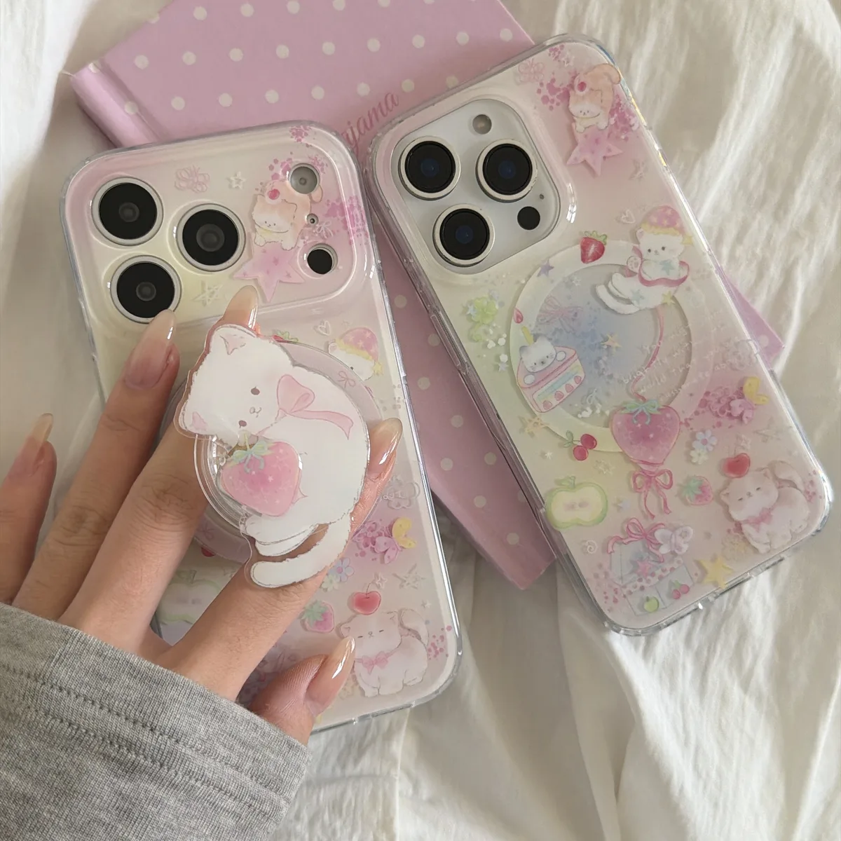 Cute pastel bear clear phone case with bead strap for iPhone 17 16 15 Pro Max — MagSafe
