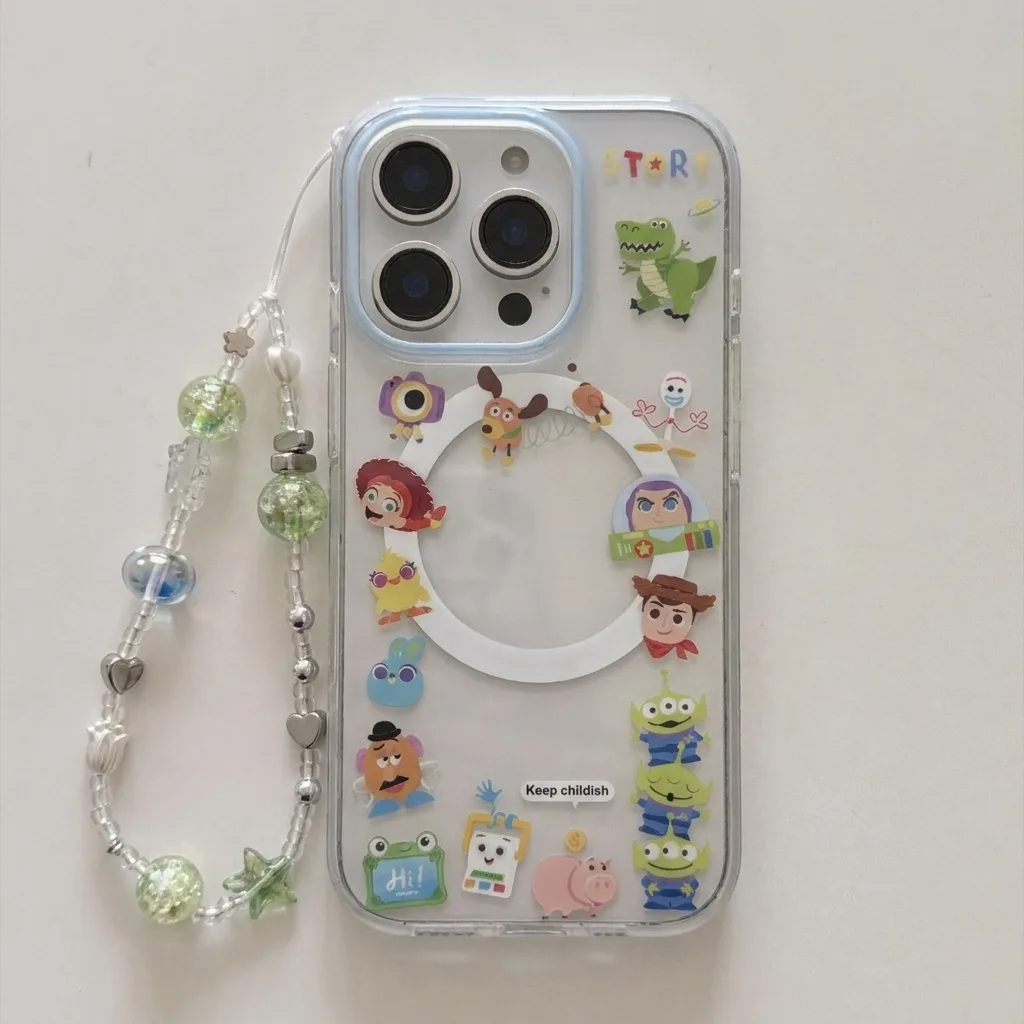 Clear phone case with Toy Story Buzz Lightyear print, visible magnetic ring, and beaded wrist strap