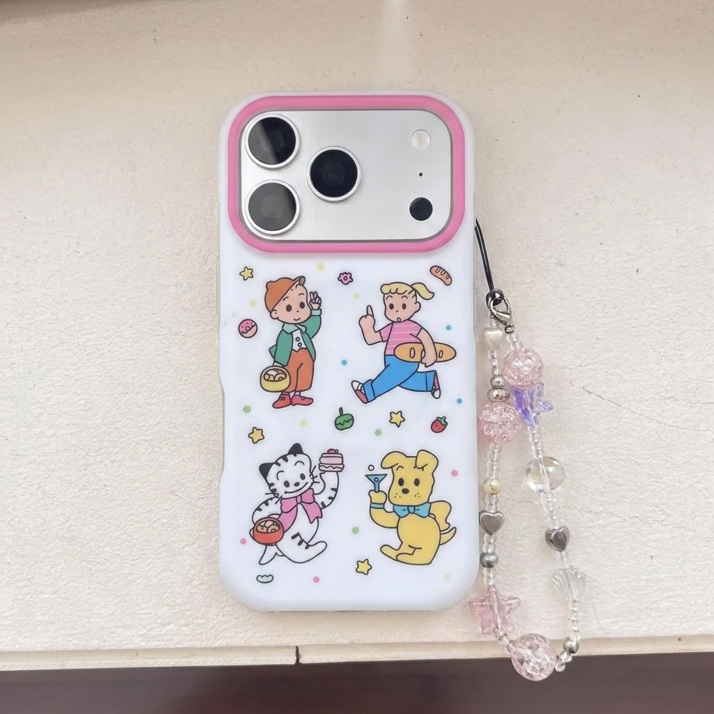 White phone case with colorful cartoon characters, pink camera frame, and beaded charm