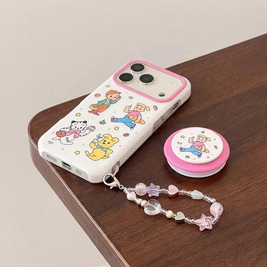 Cute cartoon character phone case with beaded charm and pop grip for iPhone 17 16 15 Pro Max