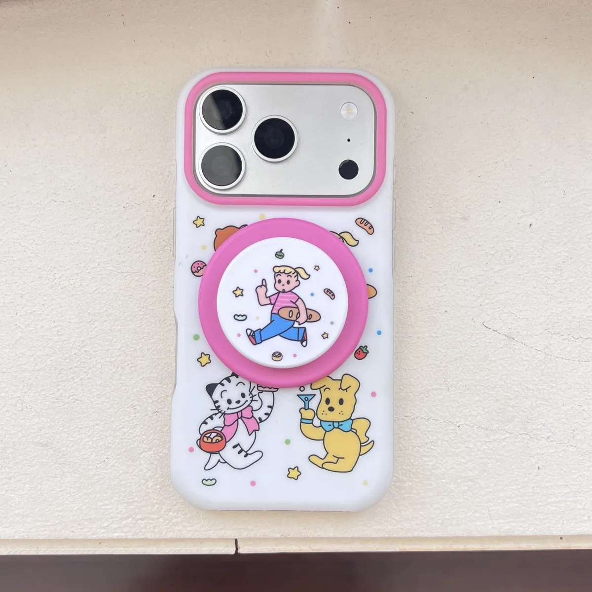 Cute cartoon character phone case with beaded charm and pop grip for iPhone 17 16 15 Pro Max
