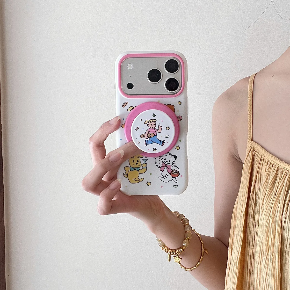 Cute cartoon character phone case with beaded charm and pop grip for iPhone 17 16 15 Pro Max